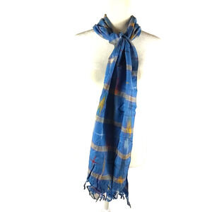 Vintage Cost Plus Inc Rectangle 70 X 10 Scarf Blue Orange Plaid